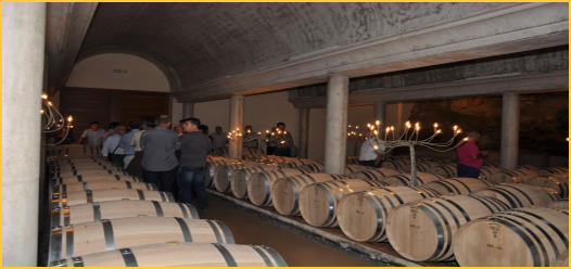 Socios visitando una bodega entre barricas de roble